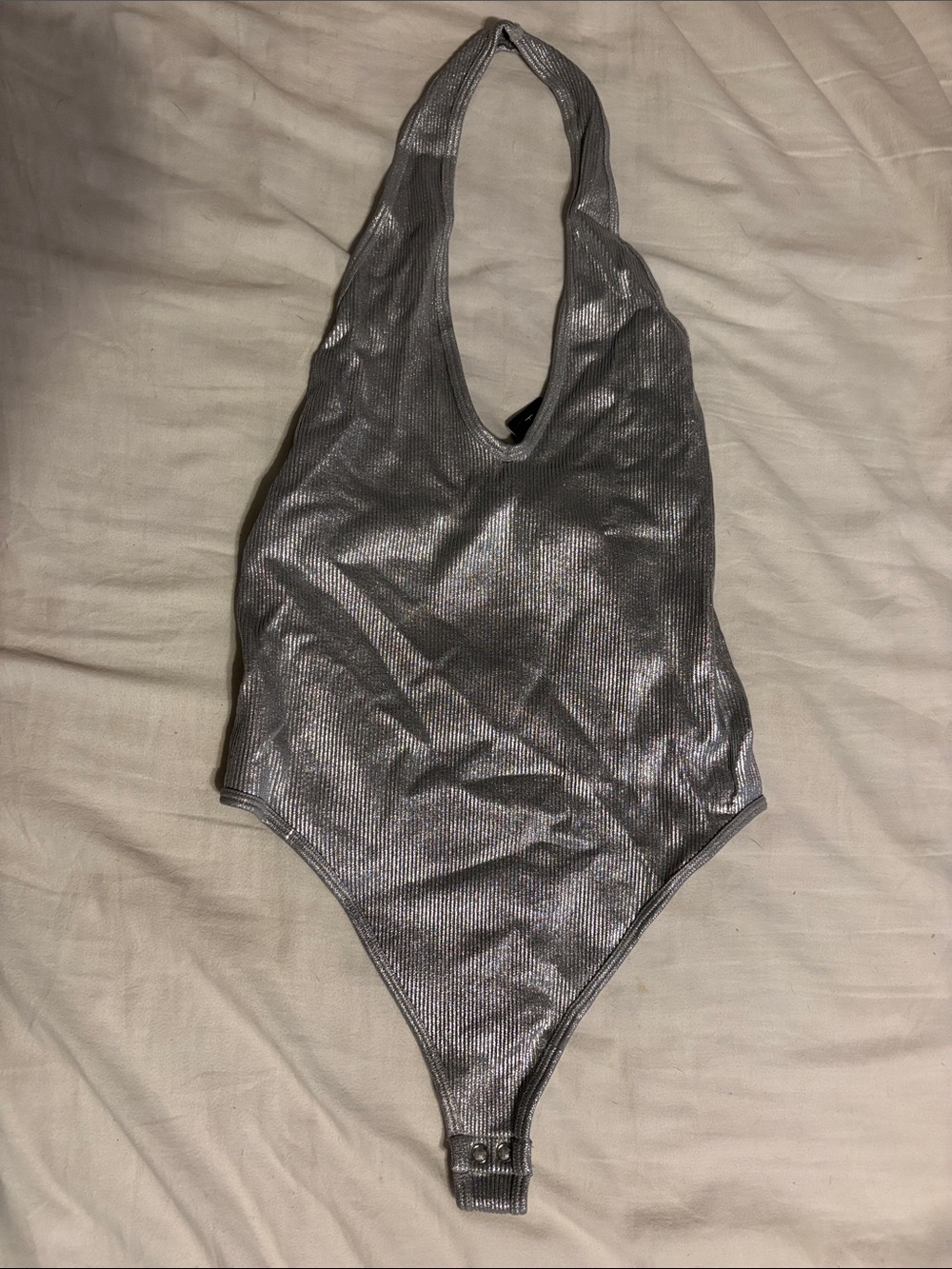 Aritzia Metallic Silver Ribbed Halter Bodysuit